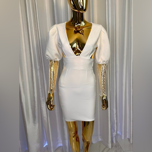 Ballon Sleeve Crystal Mesh Cut Out Mini Bandage Dress - Picture 2 of 7